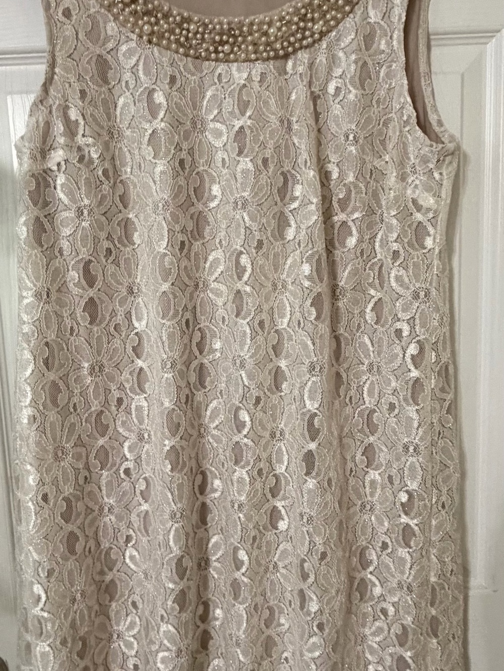 R&M Richards Cream Lace Midi Dress with Pearl Neckline - Picture 7 of 15
